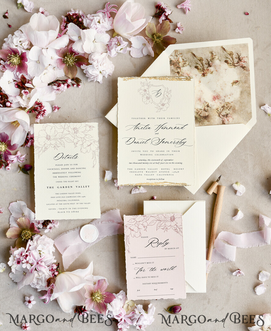 WEDDING INVITATIONS modern calligraphy / fine art Sage green  Fine Art Wedding Invitations with Gold Leaf, Deckled Edges, RSVP  qr code Silk Ribbon Bespoke Elegant Wedding Suite