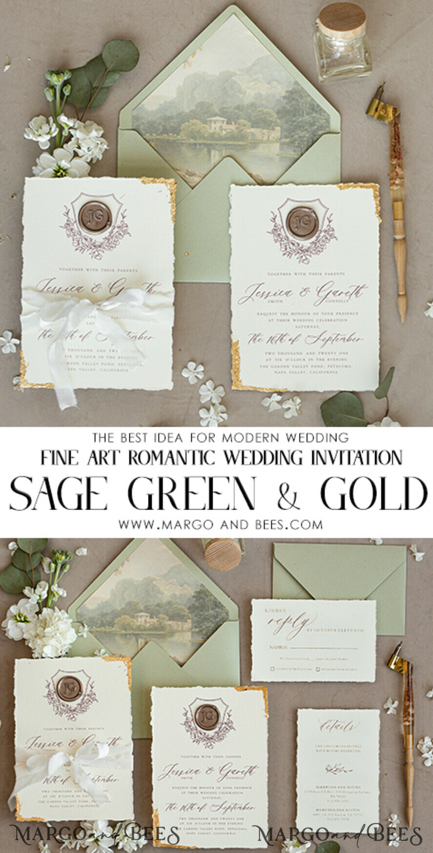 Personalised Luxury Rustic Wedding Invitations GREEN/BEIGE/LEAVES packs of  10