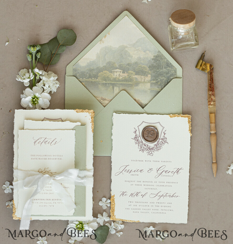 HOCHZEITS EINLADUNGEN moderne Kalligraphie / feine Kunst Fine Art Gold & Salbeigrüne Hochzeits Einladung, Samt goldene Kanten Hochzeits Einladungen, Vintage Gold Einladungen Set, Zerfledderte Kanten Hochzeits Einladung mit RSVP