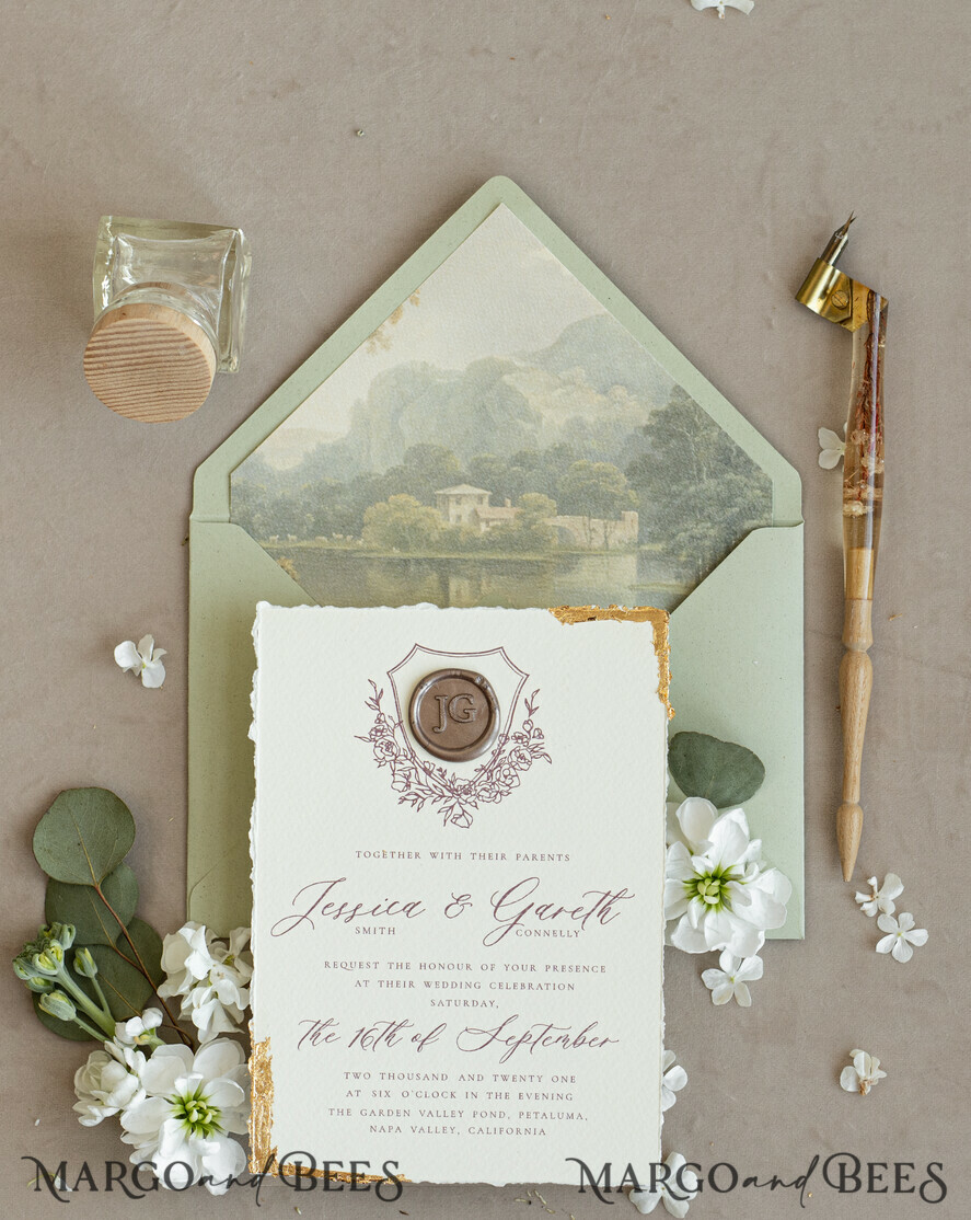 HOCHZEITS EINLADUNGEN moderne Kalligraphie / feine Kunst Fine Art Gold & Salbeigrüne Hochzeits Einladung, Samt goldene Kanten Hochzeits Einladungen, Vintage Gold Einladungen Set, Zerfledderte Kanten Hochzeits Einladung mit RSVP