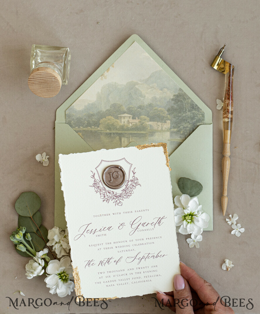 HOCHZEITS EINLADUNGEN moderne Kalligraphie / feine Kunst Fine Art Gold & Salbeigrüne Hochzeits Einladung, Samt goldene Kanten Hochzeits Einladungen, Vintage Gold Einladungen Set, Zerfledderte Kanten Hochzeits Einladung mit RSVP