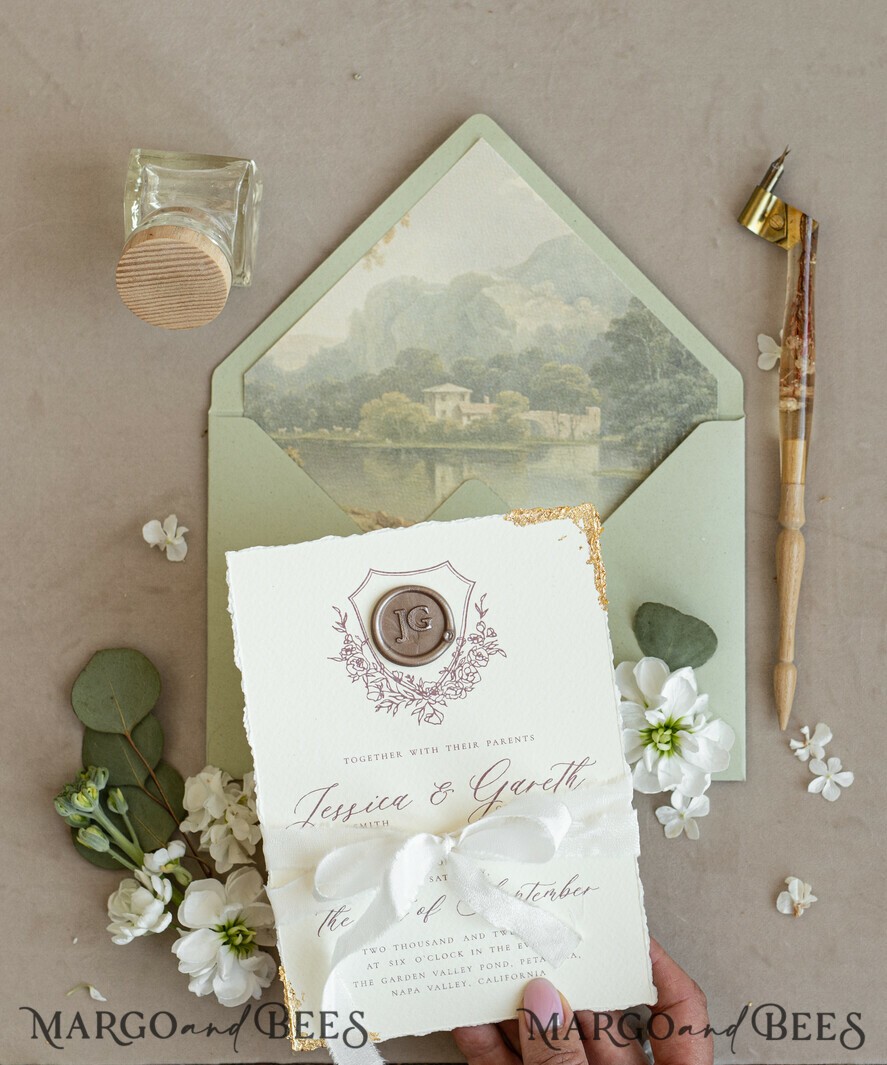 HOCHZEITS EINLADUNGEN moderne Kalligraphie / feine Kunst Fine Art Gold & Salbeigrüne Hochzeits Einladung, Samt goldene Kanten Hochzeits Einladungen, Vintage Gold Einladungen Set, Zerfledderte Kanten Hochzeits Einladung mit RSVP