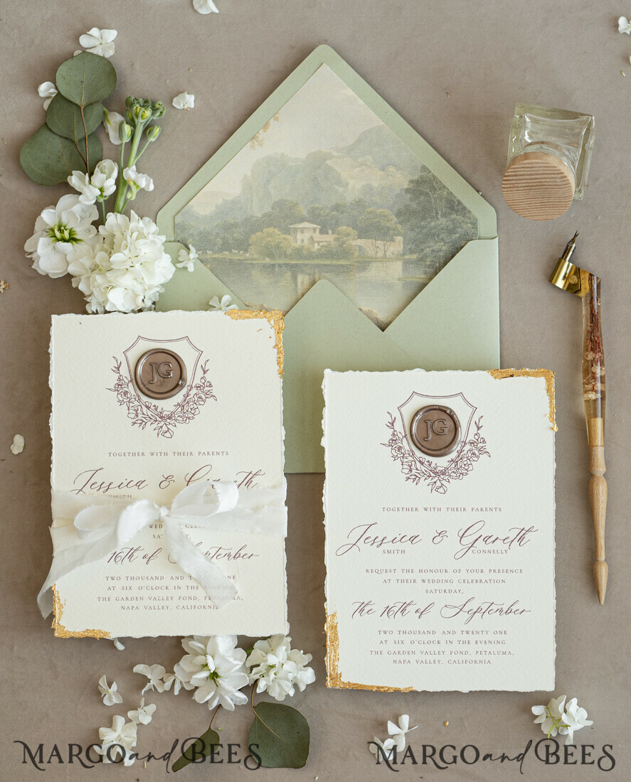 HOCHZEITS EINLADUNGEN moderne Kalligraphie / feine Kunst Fine Art Gold & Salbeigrüne Hochzeits Einladung, Samt goldene Kanten Hochzeits Einladungen, Vintage Gold Einladungen Set, Zerfledderte Kanten Hochzeits Einladung mit RSVP