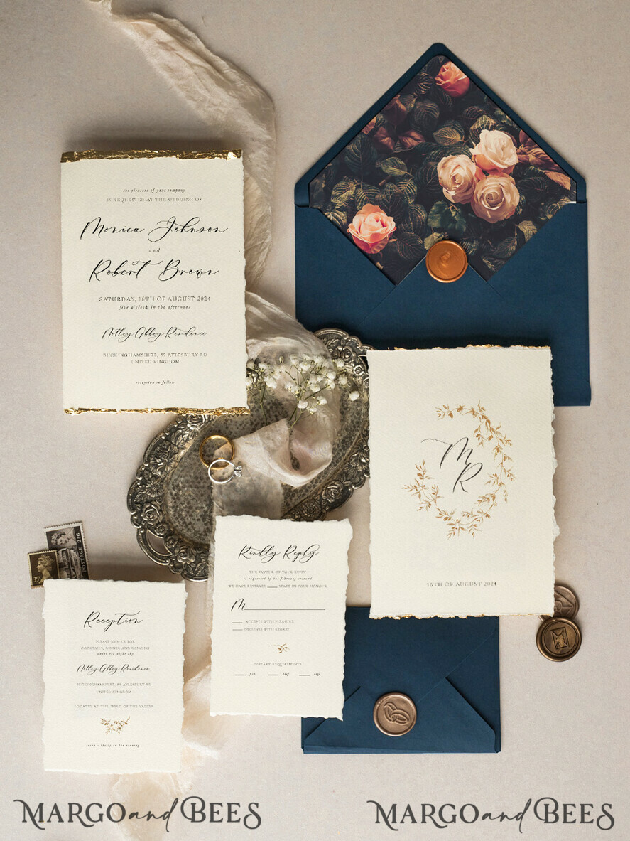 WEDDING INVITATIONS modern calligraphy / fine art Ivory Gold Wedding Invitation, Floral Wedding Invitation, Tuscany Italian Invitation suite, Wreath Monogram wedding invitation suite, Deckled Edge Invites, Torn Edge Wedding Invitations golden, Fine Art Wedding Invitation Suite, Deckled Edge Paper