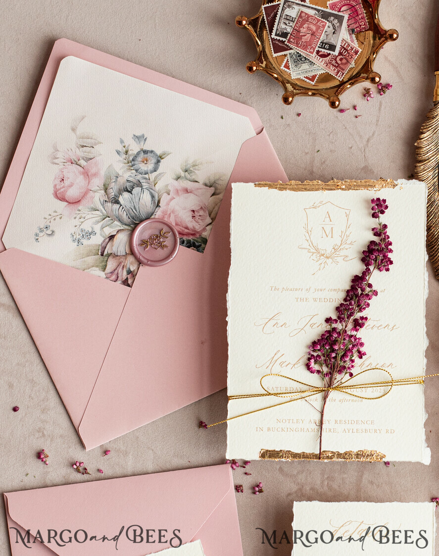 WEDDING INVITATIONS modern calligraphy / fine art Fine Art Ivory Gold Wedding Invitation, Real heather Floral Wedding Invitation, French Provence Invitation suite, Wreath Monogram wedding invitation suite, Deckled Edge Invites, Torn Edge Wedding Invitations golden, Fine Art Wedding Invitation Suite, Deckled Edge Paper