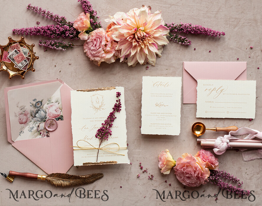 WEDDING INVITATIONS modern calligraphy / fine art Fine Art Ivory Gold Wedding Invitation, Real heather Floral Wedding Invitation, French Provence Invitation suite, Wreath Monogram wedding invitation suite, Deckled Edge Invites, Torn Edge Wedding Invitations golden, Fine Art Wedding Invitation Suite, Deckled Edge Paper