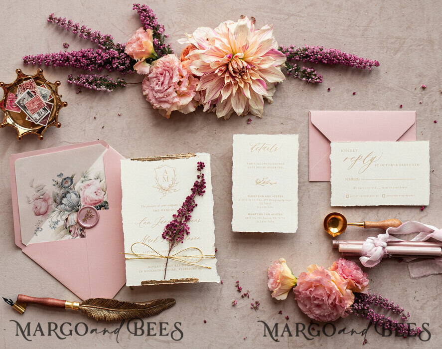 WEDDING INVITATIONS modern calligraphy / fine art Fine Art Ivory Gold Wedding Invitation, Real heather Floral Wedding Invitation, French Provence Invitation suite, Wreath Monogram wedding invitation suite, Deckled Edge Invites, Torn Edge Wedding Invitations golden, Fine Art Wedding Invitation Suite, Deckled Edge Paper