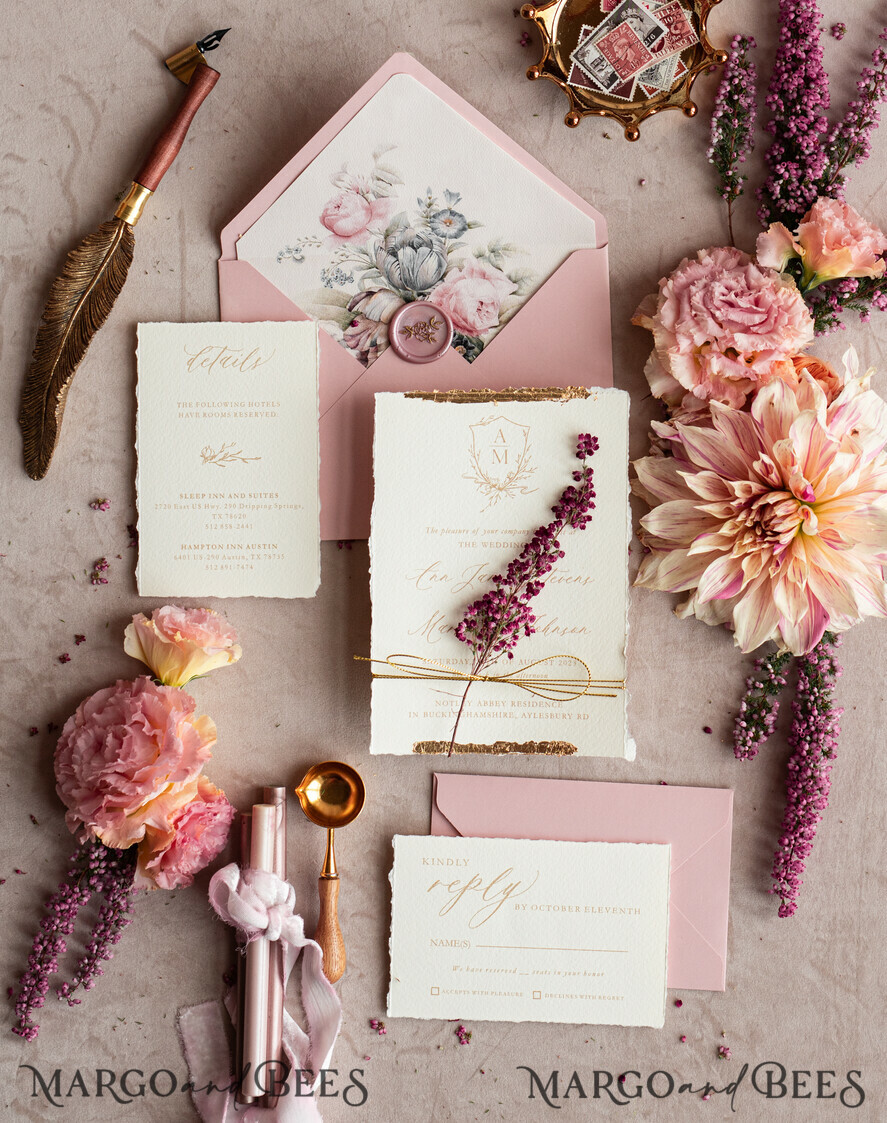 WEDDING INVITATIONS modern calligraphy / fine art Fine Art Ivory Gold Wedding Invitation, Real heather Floral Wedding Invitation, French Provence Invitation suite, Wreath Monogram wedding invitation suite, Deckled Edge Invites, Torn Edge Wedding Invitations golden, Fine Art Wedding Invitation Suite, Deckled Edge Paper