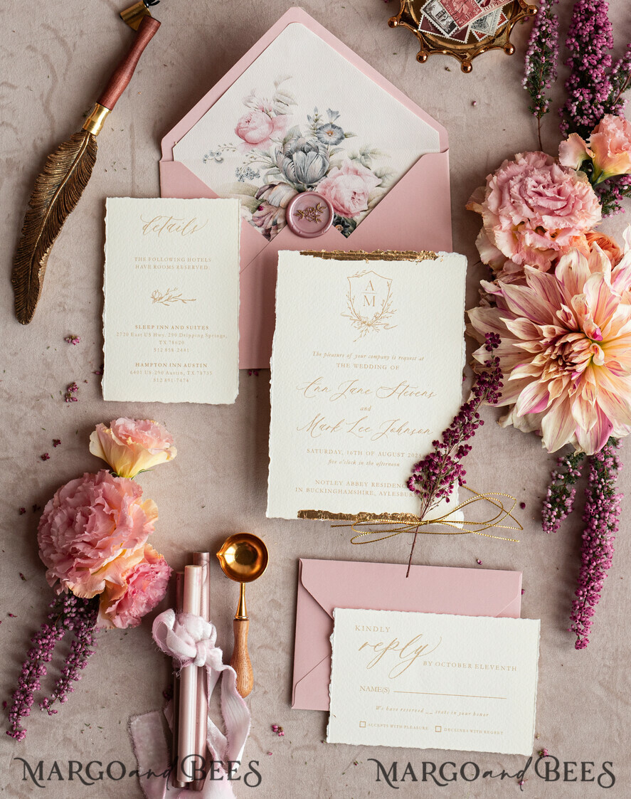 WEDDING INVITATIONS modern calligraphy / fine art Fine Art Ivory Gold Wedding Invitation, Real heather Floral Wedding Invitation, French Provence Invitation suite, Wreath Monogram wedding invitation suite, Deckled Edge Invites, Torn Edge Wedding Invitations golden, Fine Art Wedding Invitation Suite, Deckled Edge Paper