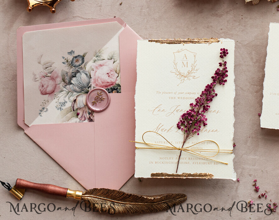 WEDDING INVITATIONS modern calligraphy / fine art Fine Art Ivory Gold Wedding Invitation, Real heather Floral Wedding Invitation, French Provence Invitation suite, Wreath Monogram wedding invitation suite, Deckled Edge Invites, Torn Edge Wedding Invitations golden, Fine Art Wedding Invitation Suite, Deckled Edge Paper