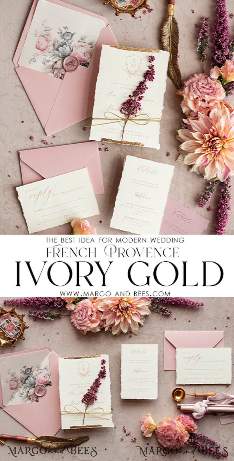 WEDDING INVITATIONS modern calligraphy / fine art Fine Art Ivory Gold Wedding Invitation, Real heather Floral Wedding Invitation, French Provence Invitation suite, Wreath Monogram wedding invitation suite, Deckled Edge Invites, Torn Edge Wedding Invitations golden, Fine Art Wedding Invitation Suite, Deckled Edge Paper