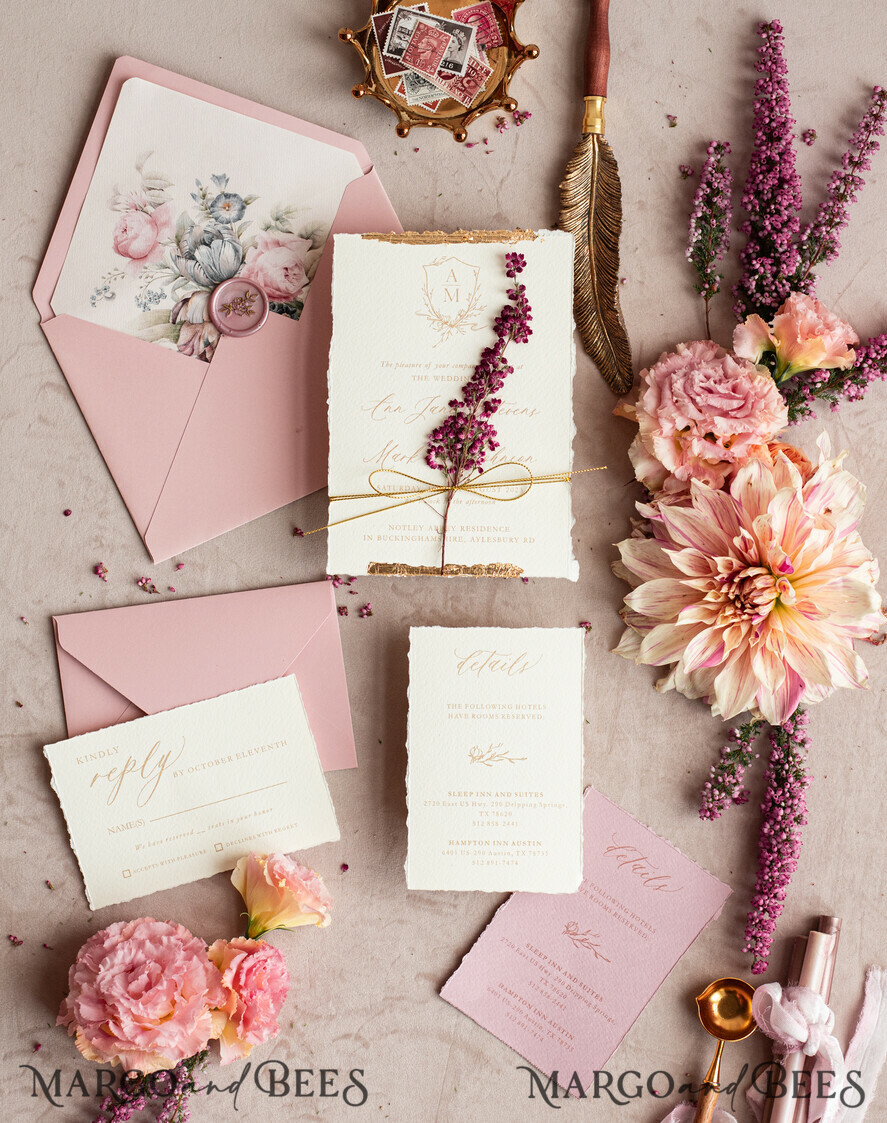 WEDDING INVITATIONS modern calligraphy / fine art Fine Art Ivory Gold Wedding Invitation, Real heather Floral Wedding Invitation, French Provence Invitation suite, Wreath Monogram wedding invitation suite, Deckled Edge Invites, Torn Edge Wedding Invitations golden, Fine Art Wedding Invitation Suite, Deckled Edge Paper