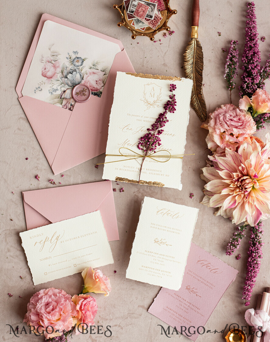 WEDDING INVITATIONS modern calligraphy / fine art Fine Art Ivory Gold Wedding Invitation, Real heather Floral Wedding Invitation, French Provence Invitation suite, Wreath Monogram wedding invitation suite, Deckled Edge Invites, Torn Edge Wedding Invitations golden, Fine Art Wedding Invitation Suite, Deckled Edge Paper
