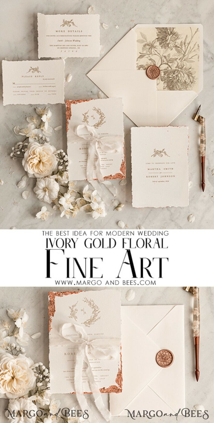 HOCHZEITS EINLADUNGEN moderne Kalligraphie / feine Kunst Feine Kunst Elfenbein Gold Hochzeitseinladung, Florale Hochzeitseinladung, Beigefarbene florale Einladungssuite, Kranz Monogram Hochzeitseinladungssuite, Gezackte Kanten Einladungen