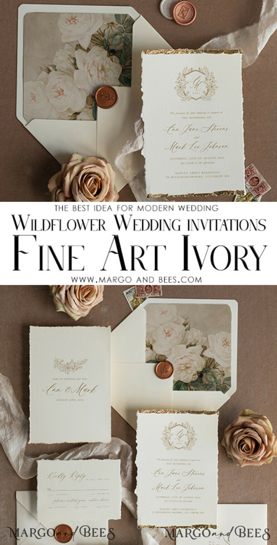 WEDDING INVITATIONS modern calligraphy / fine art Ivory Gold Wedding Invitation, Floral Wedding Invitation, Tuscany Italian Invitation suite, Wreath Monogram wedding invitation suite, Deckled Edge Invites, Torn Edge Wedding Invitations golden, Fine Art Wedding Invitation Suite, Deckled Edge Paper