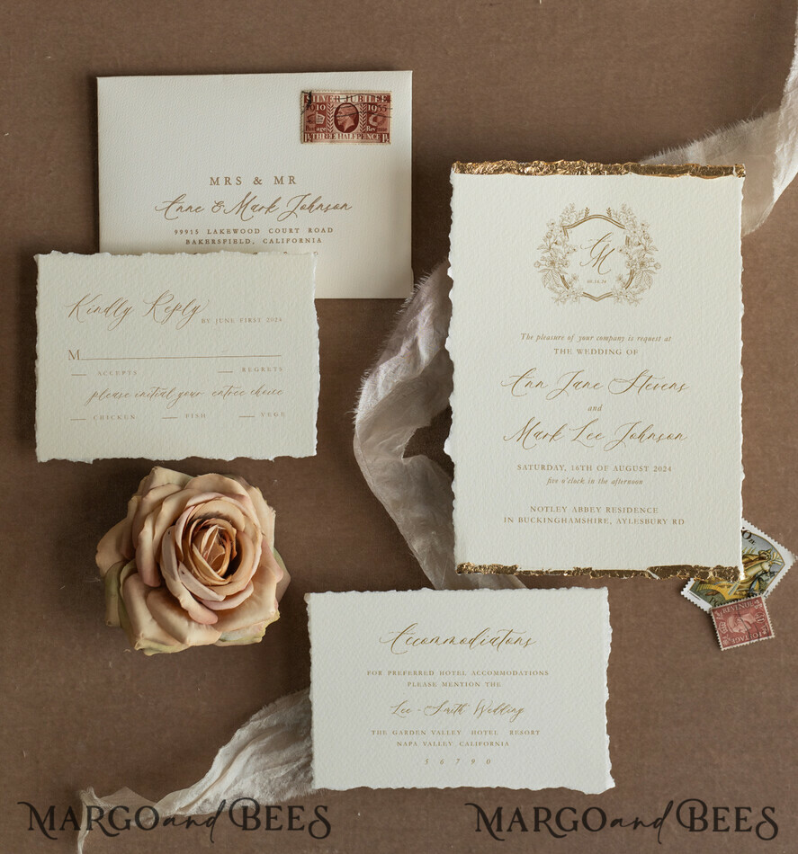 WEDDING INVITATIONS modern calligraphy / fine art Ivory Gold Wedding Invitation, Floral Wedding Invitation, Tuscany Italian Invitation suite, Wreath Monogram wedding invitation suite, Deckled Edge Invites, Torn Edge Wedding Invitations golden, Fine Art Wedding Invitation Suite, Deckled Edge Paper