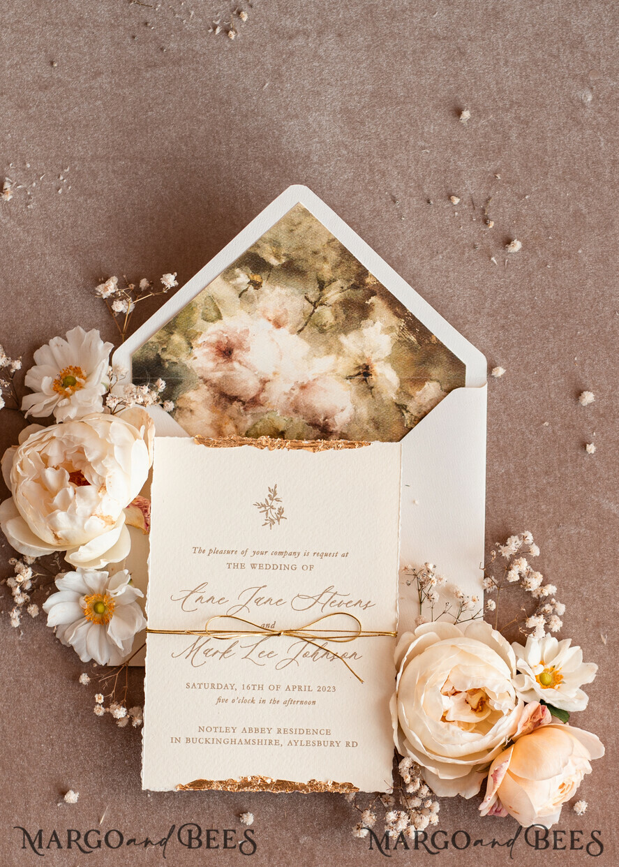 WEDDING INVITATIONS modern calligraphy / fine art Fine Art Ivory Gold Wedding Invitation, Floral Wedding Invitation, Tuscany Italian Invitation suite, Wreath Monogram wedding invitation suite, Deckled Edge Invites, Torn Edge Wedding Invitations golden, Fine Art Wedding Invitation Suite, Deckled Edge Paper