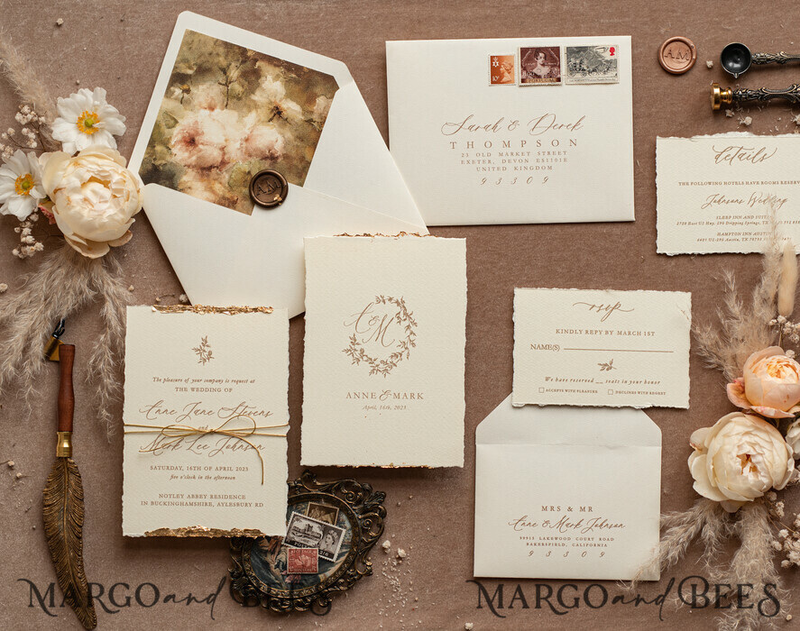WEDDING INVITATIONS modern calligraphy / fine art Fine Art Ivory Gold Wedding Invitation, Floral Wedding Invitation, Tuscany Italian Invitation suite, Wreath Monogram wedding invitation suite, Deckled Edge Invites, Torn Edge Wedding Invitations golden, Fine Art Wedding Invitation Suite, Deckled Edge Paper