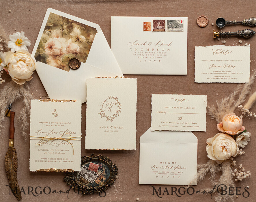 WEDDING INVITATIONS modern calligraphy / fine art Fine Art Ivory Gold Wedding Invitation, Floral Wedding Invitation, Tuscany Italian Invitation suite, Wreath Monogram wedding invitation suite, Deckled Edge Invites, Torn Edge Wedding Invitations golden, Fine Art Wedding Invitation Suite, Deckled Edge Paper