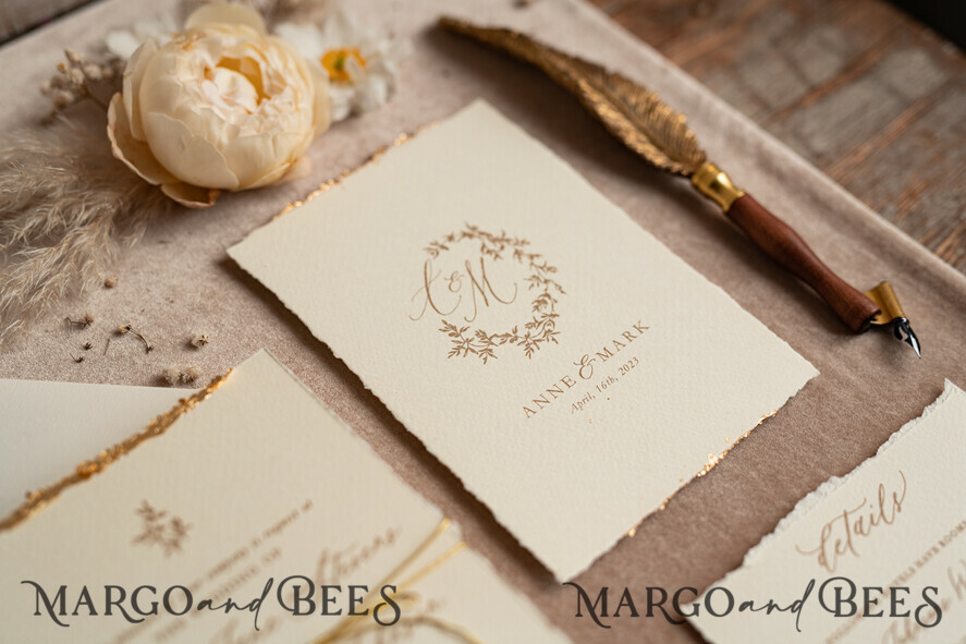 WEDDING INVITATIONS modern calligraphy / fine art Fine Art Ivory Gold Wedding Invitation, Floral Wedding Invitation, Tuscany Italian Invitation suite, Wreath Monogram wedding invitation suite, Deckled Edge Invites, Torn Edge Wedding Invitations golden, Fine Art Wedding Invitation Suite, Deckled Edge Paper