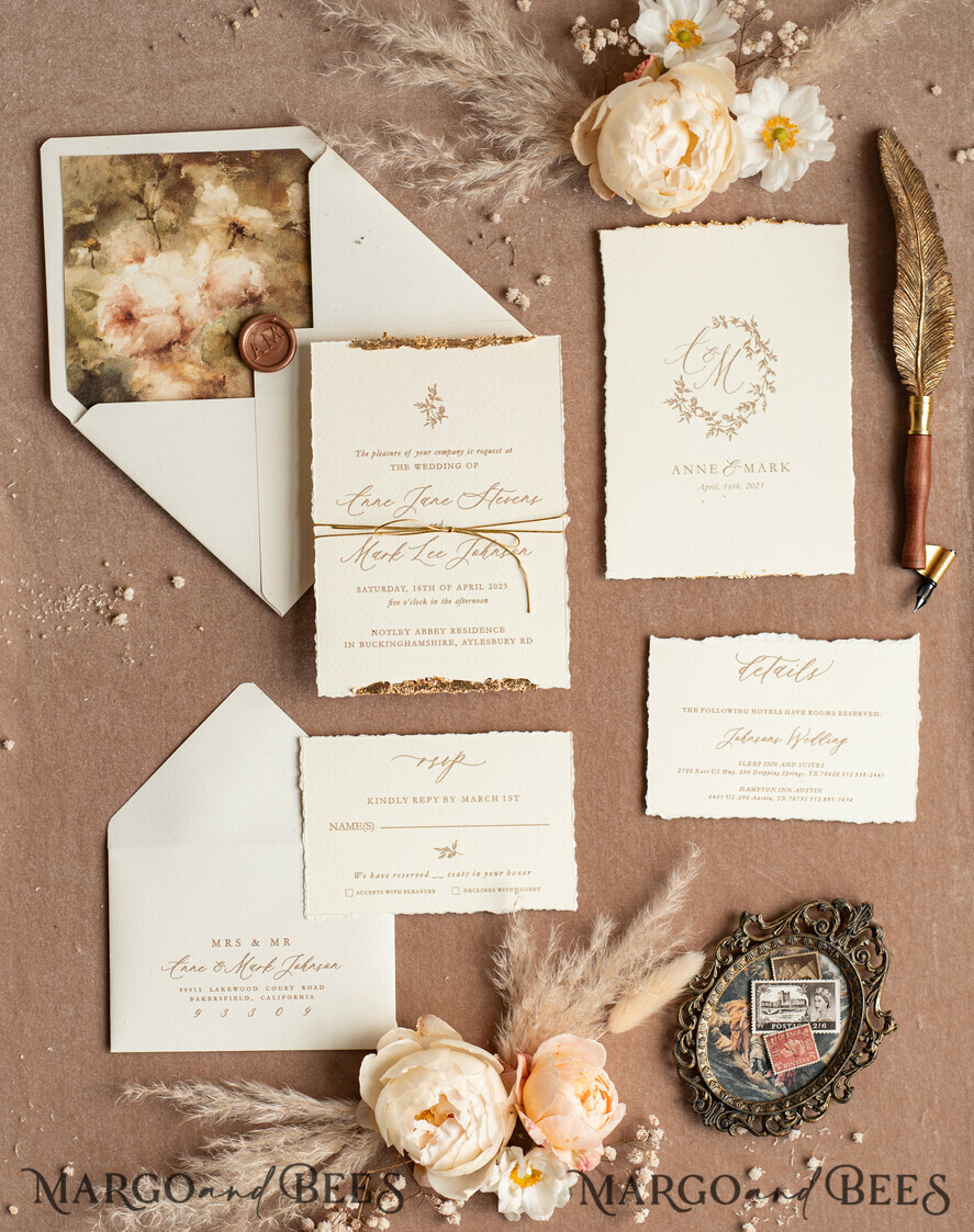 WEDDING INVITATIONS modern calligraphy / fine art Fine Art Ivory Gold Wedding Invitation, Floral Wedding Invitation, Tuscany Italian Invitation suite, Wreath Monogram wedding invitation suite, Deckled Edge Invites, Torn Edge Wedding Invitations golden, Fine Art Wedding Invitation Suite, Deckled Edge Paper