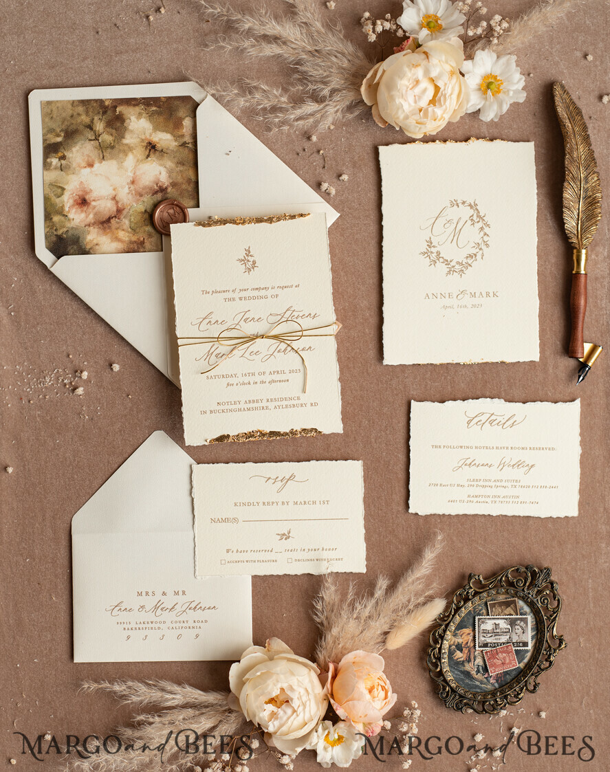 WEDDING INVITATIONS modern calligraphy / fine art Fine Art Ivory Gold Wedding Invitation, Floral Wedding Invitation, Tuscany Italian Invitation suite, Wreath Monogram wedding invitation suite, Deckled Edge Invites, Torn Edge Wedding Invitations golden, Fine Art Wedding Invitation Suite, Deckled Edge Paper