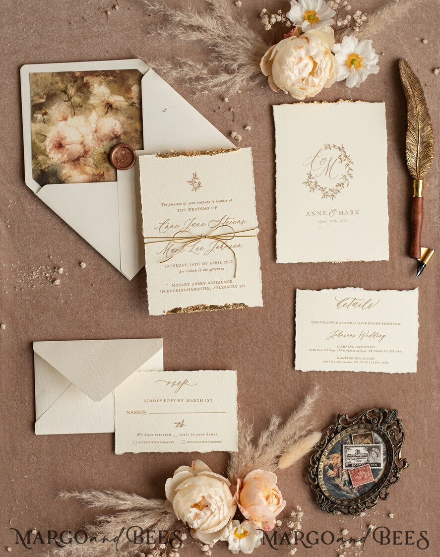 WEDDING INVITATIONS modern calligraphy / fine art Fine Art Ivory Gold Wedding Invitation, Floral Wedding Invitation, Tuscany Italian Invitation suite, Wreath Monogram wedding invitation suite, Deckled Edge Invites, Torn Edge Wedding Invitations golden, Fine Art Wedding Invitation Suite, Deckled Edge Paper