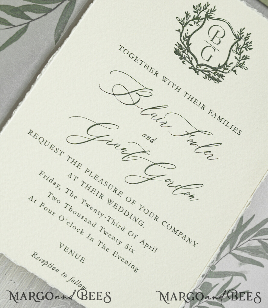 WEDDING INVITATIONS modern calligraphy / fine art Introducing the Blair collection for the modern, romantic bride.   “Through collaboration with Margo and Bees, we designed the Blair Collection, a timeless suite for the modern, romantic bride. Featuring deckled edges, watercolor vellum, and custom wax seals, this suite is sure to establish the ambience for what’s to come on your big day.” -Blair Fowler 