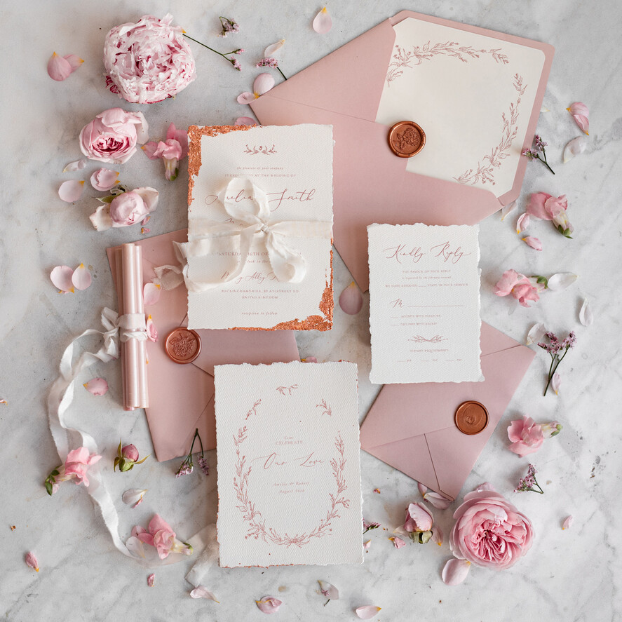 WEDDING INVITATIONS modern calligraphy / fine art Fine Art Ivory Gold Wedding Invitation, Floral Wedding Invitation, Vintage Invitation suite, Blush Pink wedding invitation suite, Deckled Edge Invites