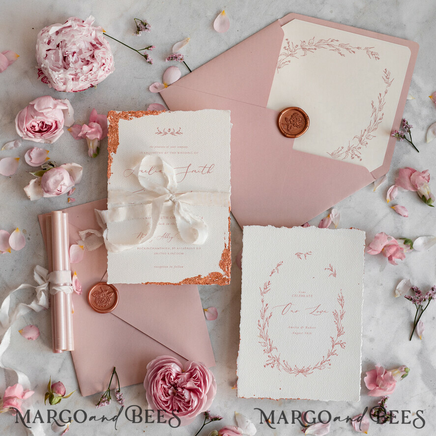 WEDDING INVITATIONS modern calligraphy / fine art Fine Art Ivory Gold Wedding Invitation, Floral Wedding Invitation, Vintage Invitation suite, Blush Pink wedding invitation suite, Deckled Edge Invites