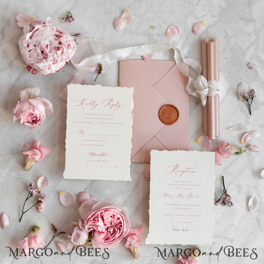 WEDDING INVITATIONS modern calligraphy / fine art Fine Art Ivory Gold Wedding Invitation, Floral Wedding Invitation, Vintage Invitation suite, Blush Pink wedding invitation suite, Deckled Edge Invites