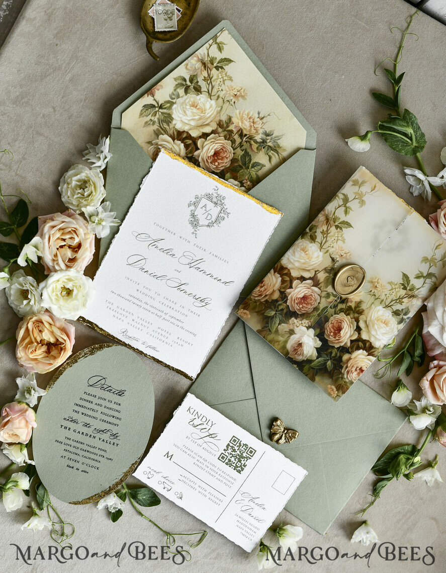 WEDDING INVITATIONS modern calligraphy / fine art Sage Green Fine Art Wedding Invitations – Deckled Edge Invitations with Silk Ribbon, Wax Seal & RSVP Options