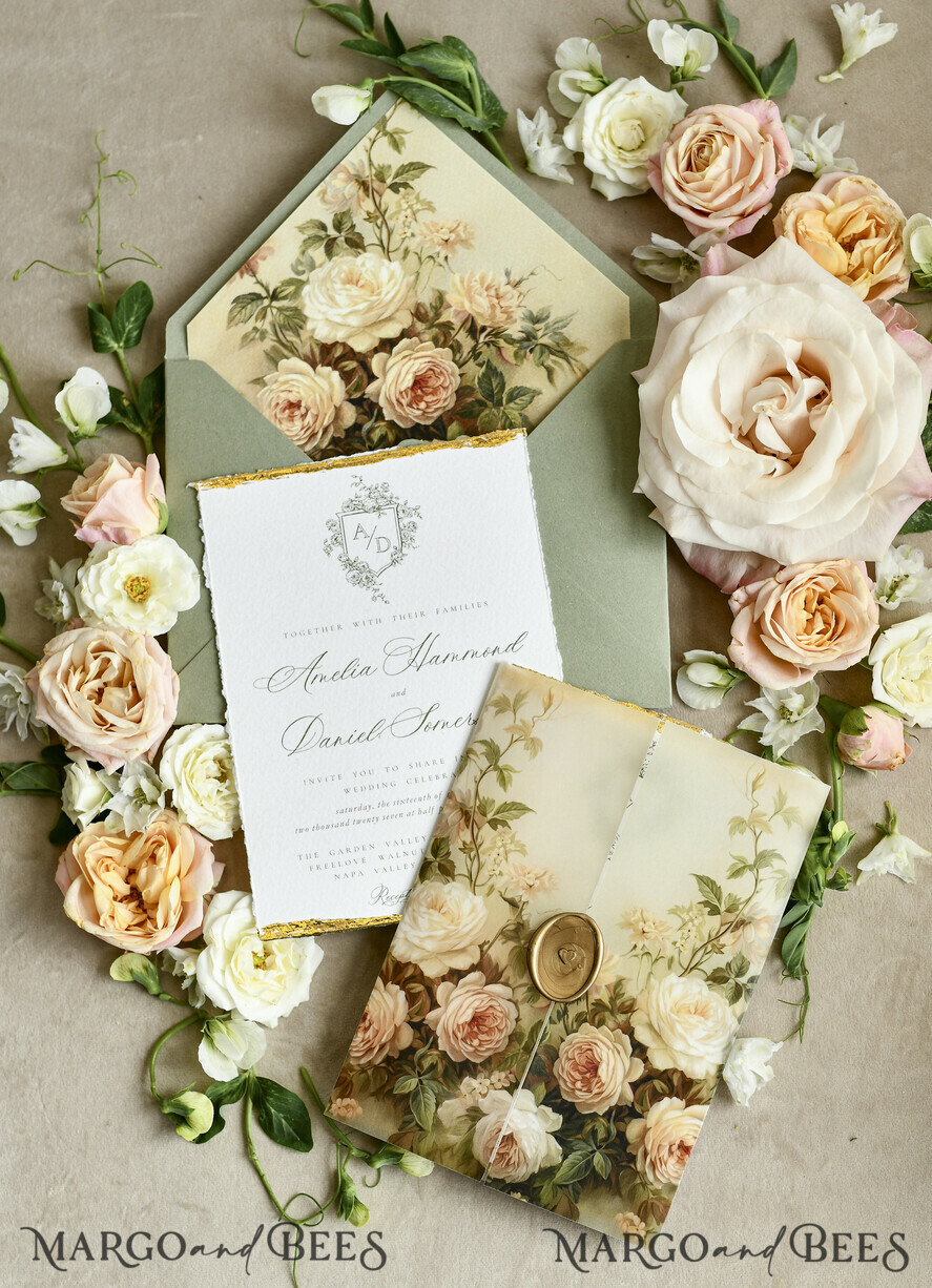 WEDDING INVITATIONS modern calligraphy / fine art Sage Green Fine Art Wedding Invitations – Deckled Edge Invitations with Silk Ribbon, Wax Seal & RSVP Options