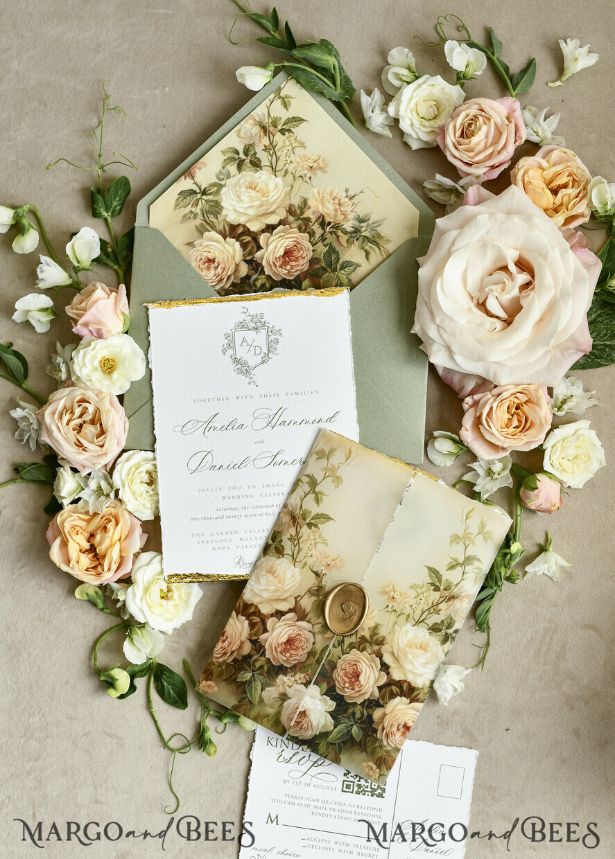 WEDDING INVITATIONS modern calligraphy / fine art Sage Green Fine Art Wedding Invitations – Deckled Edge Invitations with Silk Ribbon, Wax Seal & RSVP Options