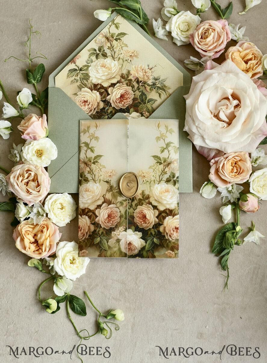 WEDDING INVITATIONS modern calligraphy / fine art Sage Green Fine Art Wedding Invitations – Deckled Edge Invitations with Silk Ribbon, Wax Seal & RSVP Options