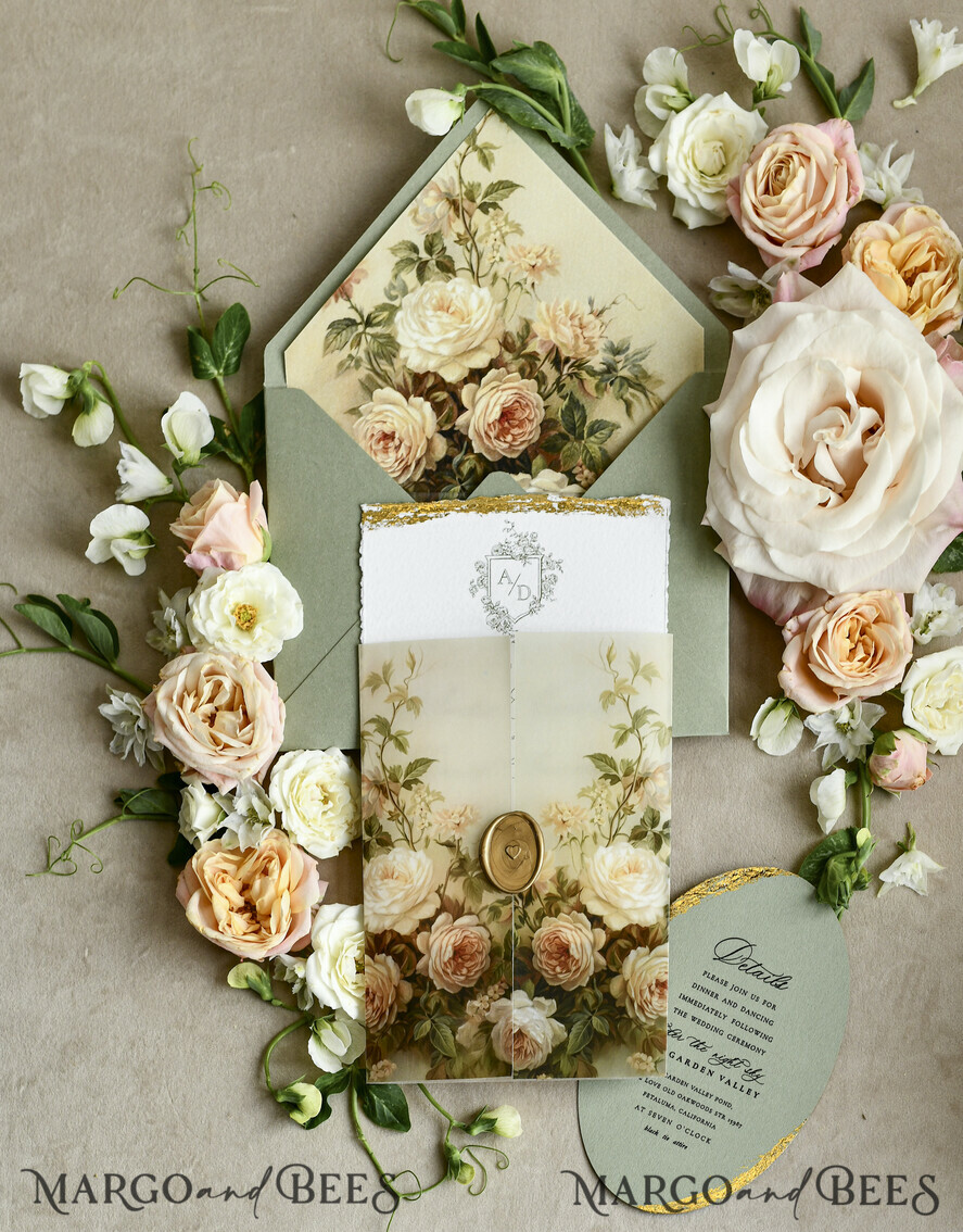 WEDDING INVITATIONS modern calligraphy / fine art Sage Green Fine Art Wedding Invitations – Deckled Edge Invitations with Silk Ribbon, Wax Seal & RSVP Options
