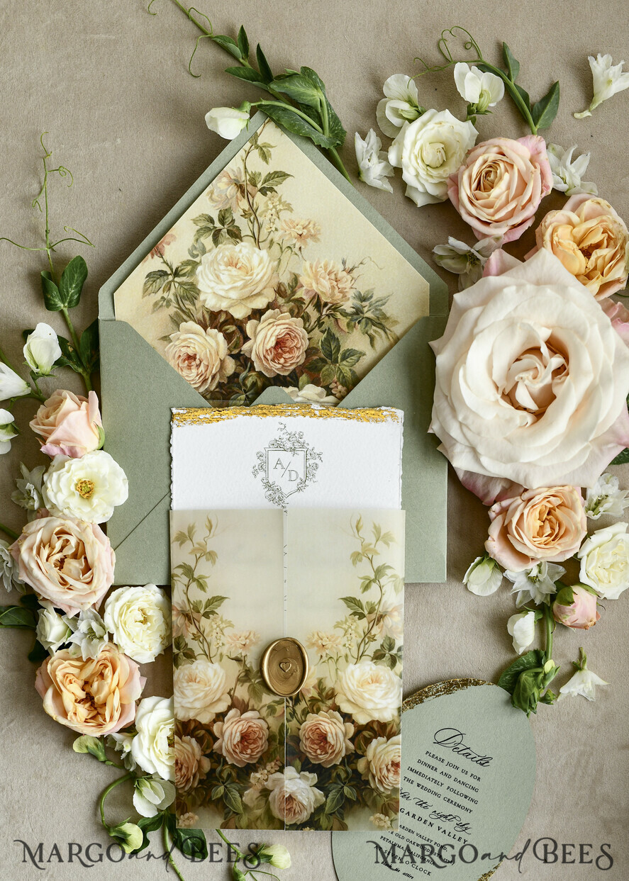 WEDDING INVITATIONS modern calligraphy / fine art Sage Green Fine Art Wedding Invitations – Deckled Edge Invitations with Silk Ribbon, Wax Seal & RSVP Options