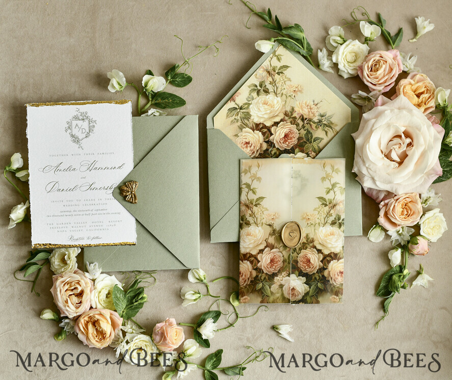 WEDDING INVITATIONS modern calligraphy / fine art Sage Green Fine Art Wedding Invitations – Deckled Edge Invitations with Silk Ribbon, Wax Seal & RSVP Options