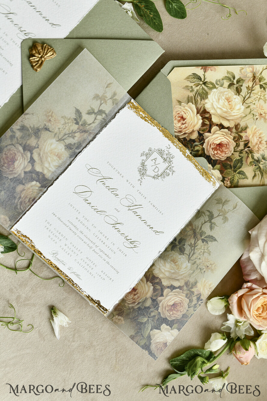 WEDDING INVITATIONS modern calligraphy / fine art Sage Green Fine Art Wedding Invitations – Deckled Edge Invitations with Silk Ribbon, Wax Seal & RSVP Options