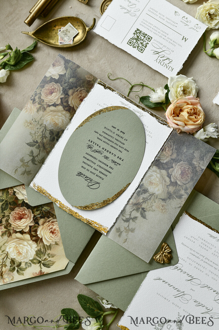 WEDDING INVITATIONS modern calligraphy / fine art Sage Green Fine Art Wedding Invitations – Deckled Edge Invitations with Silk Ribbon, Wax Seal & RSVP Options