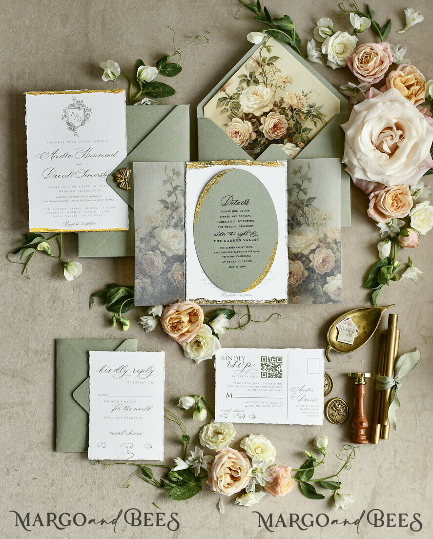 WEDDING INVITATIONS modern calligraphy / fine art Sage Green Fine Art Wedding Invitations – Deckled Edge Invitations with Silk Ribbon, Wax Seal & RSVP Options