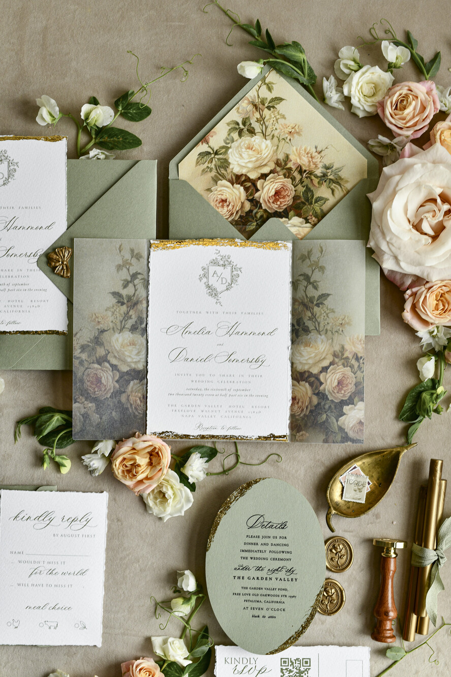 WEDDING INVITATIONS modern calligraphy / fine art Sage Green Fine Art Wedding Invitations – Deckled Edge Invitations with Silk Ribbon, Wax Seal & RSVP Options
