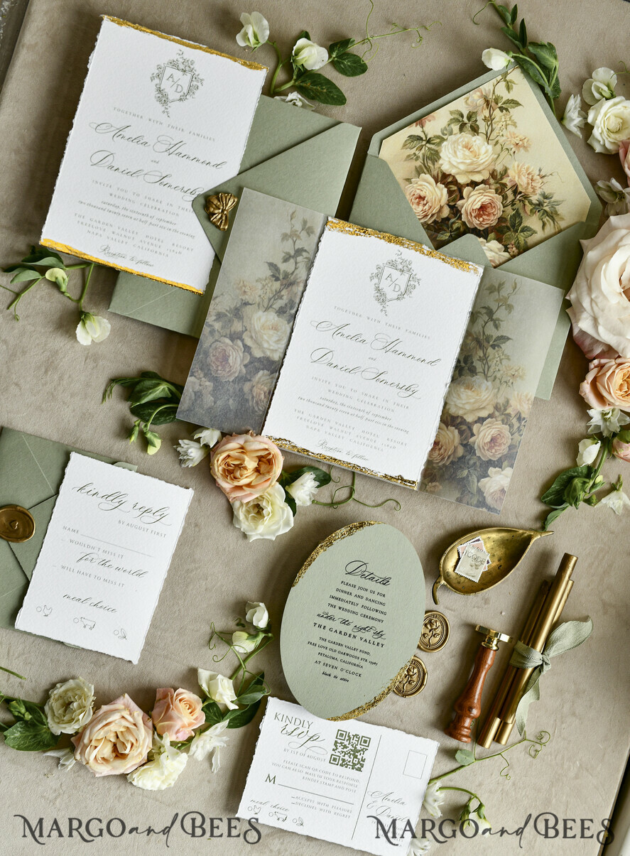 WEDDING INVITATIONS modern calligraphy / fine art Sage Green Fine Art Wedding Invitations – Deckled Edge Invitations with Silk Ribbon, Wax Seal & RSVP Options