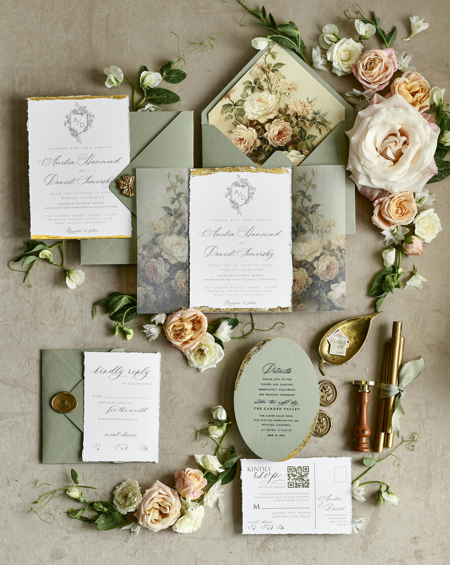 WEDDING INVITATIONS modern calligraphy / fine art Sage Green Fine Art Wedding Invitations – Deckled Edge Invitations with Silk Ribbon, Wax Seal & RSVP Options
