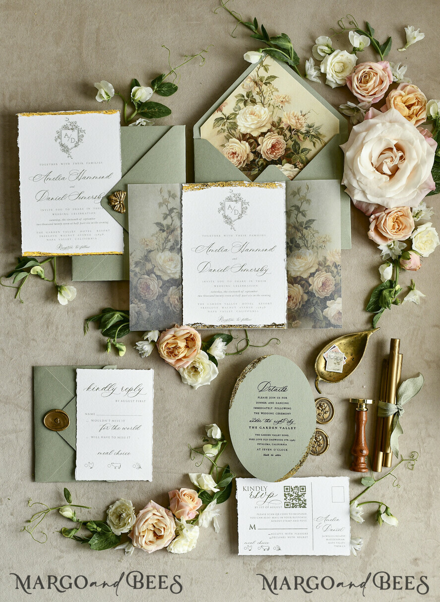 WEDDING INVITATIONS modern calligraphy / fine art Sage Green Fine Art Wedding Invitations – Deckled Edge Invitations with Silk Ribbon, Wax Seal & RSVP Options