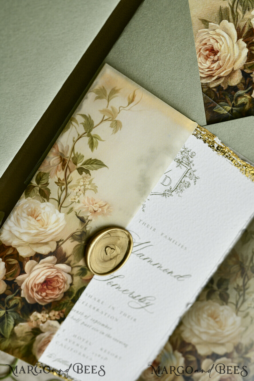 WEDDING INVITATIONS modern calligraphy / fine art Sage Green Fine Art Wedding Invitations – Deckled Edge Invitations with Silk Ribbon, Wax Seal & RSVP Options