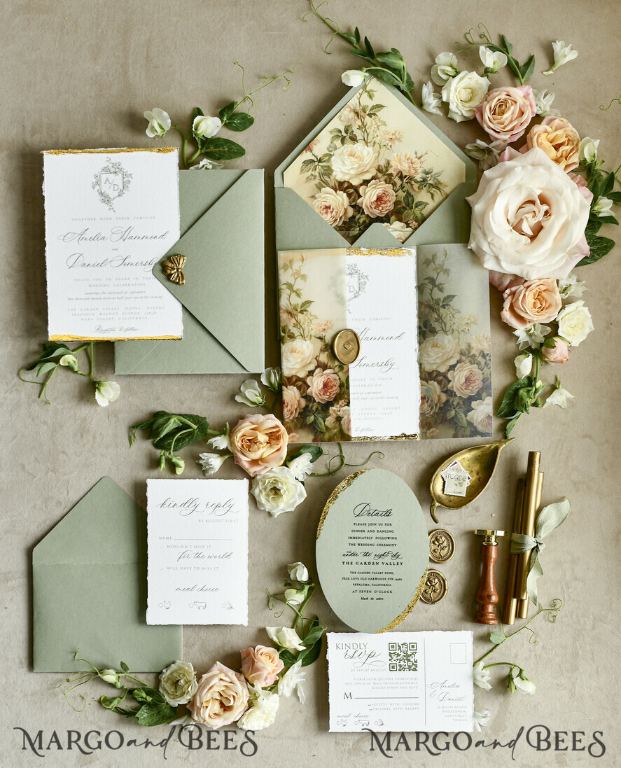 WEDDING INVITATIONS modern calligraphy / fine art Sage Green Fine Art Wedding Invitations – Deckled Edge Invitations with Silk Ribbon, Wax Seal & RSVP Options