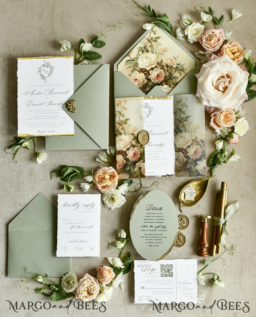 WEDDING INVITATIONS modern calligraphy / fine art Sage Green Fine Art Wedding Invitations – Deckled Edge Invitations with Silk Ribbon, Wax Seal & RSVP Options