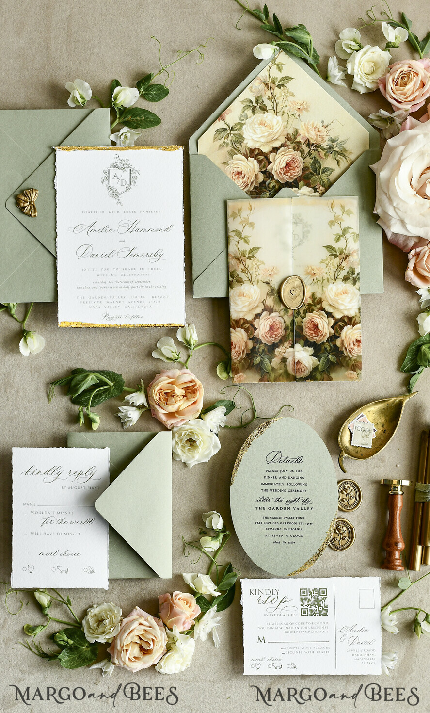 WEDDING INVITATIONS modern calligraphy / fine art Sage Green Fine Art Wedding Invitations – Deckled Edge Invitations with Silk Ribbon, Wax Seal & RSVP Options