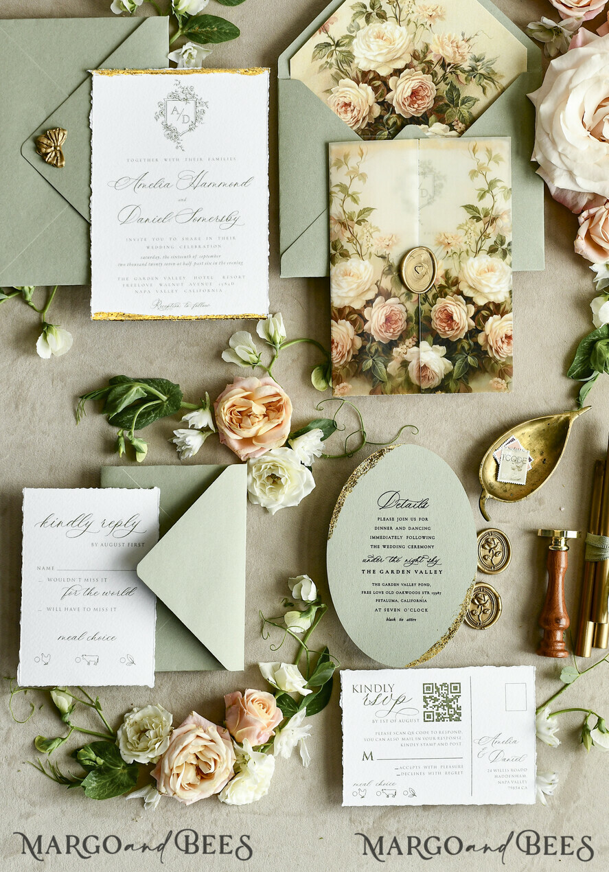 WEDDING INVITATIONS modern calligraphy / fine art Sage Green Fine Art Wedding Invitations – Deckled Edge Invitations with Silk Ribbon, Wax Seal & RSVP Options